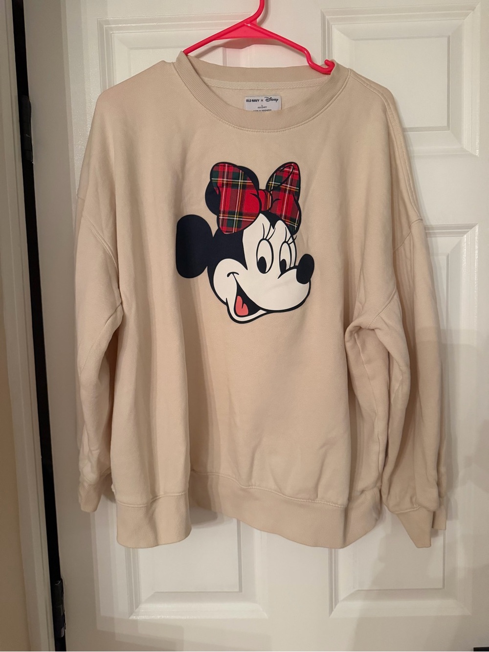 Disney x Old Navy Cream Minnie Mouse Plaid Bow Crewneck Sweatshirt